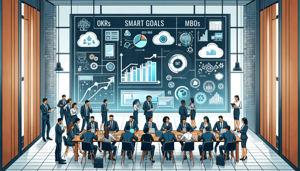 Diverse business professionals collaborating in a modern office with a table full of documents and digital devices showing charts. Background features a screen with 'SMART Goals', 'OKRs', 'MBOs', and 'BHAGs'