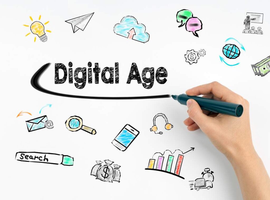 An illustration of icons with a hand writing the word "Digital Age".